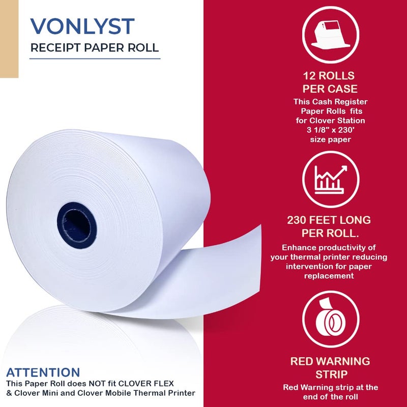 Vonlyst Thermal Receipt Paper Rolls 3 1/8" x 230' for Clover Station (12 rolls) - Image 5